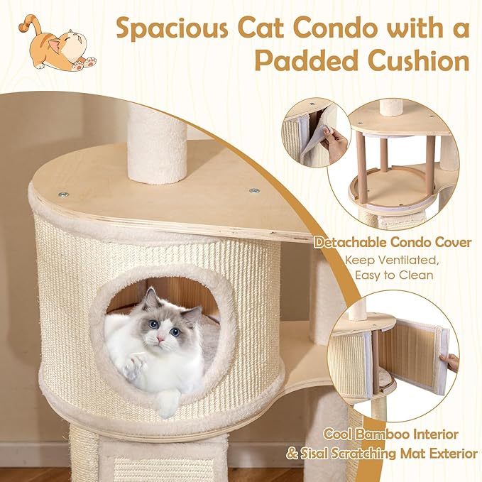 PETSITE 56 Inches Wooden Cat Tree, Multi-Level Modern Cat Tower with Sisal Scratching Posts, Comfy Condo with Sisal Covered Exterior, Climbing Ladder, Dangling Ball, and Soft Top Perch