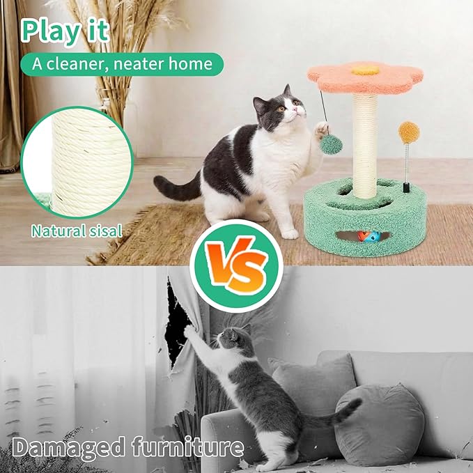 Cat Scratching Post 13.98" H, Flower-Shaped Small Cat Tree with Sisal Scratcher, Interactive Hanging Ball & Track Ball Toy, Easy Assembly Kitten Activity Center for Indoor Cats, Protect Furniture