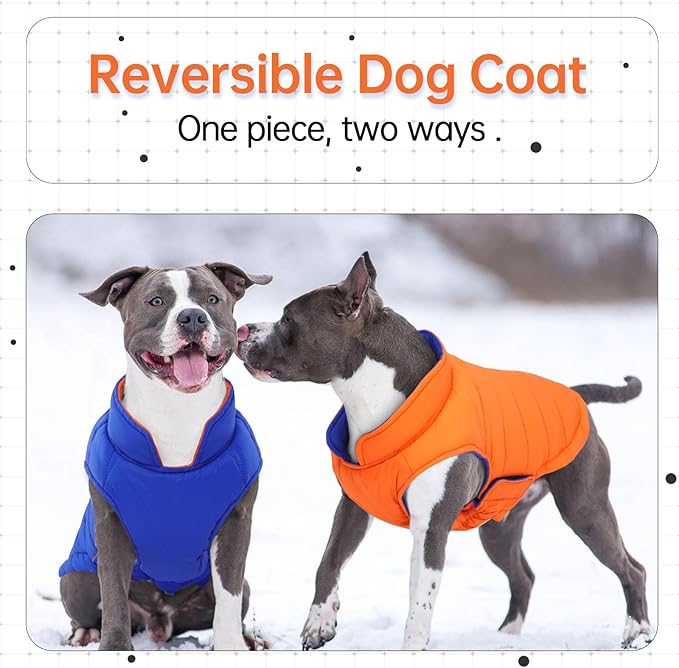 Lelepet Reversible Dog Coat Waterproof Dog Jacket Windproof Puffer Vest for Winter Warm Lightweight Coats for Large Dogs Adjustbale Hook & Loop Pet Apparel with Leash Hole, Pitbull, Orange, XL