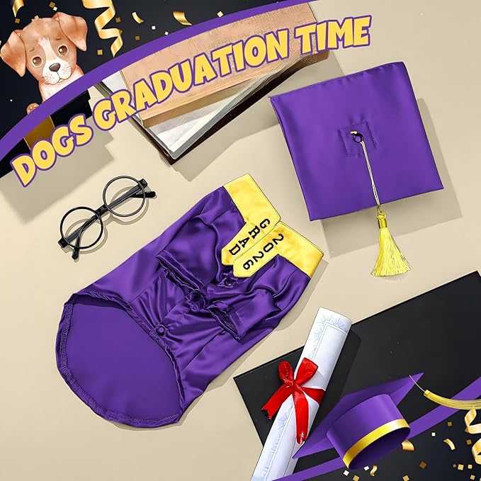 5 Pcs Dog Graduation Costume Set Include 2025 Pet Graduation Gown with Stole Puppy Grad Cap Lensless Glasses DIY Letter Stickers for Dogs Cats Holiday Costume Accessory(Purple Yellow,M)