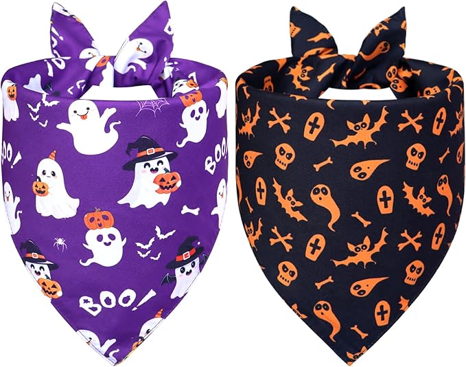 Halloween Dog Bandanas 2-Pack for Large to X-Large Dogs - Reversible Ghost Pumpkin Print Scarf - Brown & Black for Costume Parties