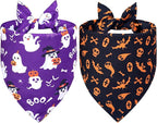 Halloween Dog Bandanas 2-Pack for Large to X-Large Dogs - Reversible Ghost Pumpkin Print Scarf - Brown & Black for Costume Parties
