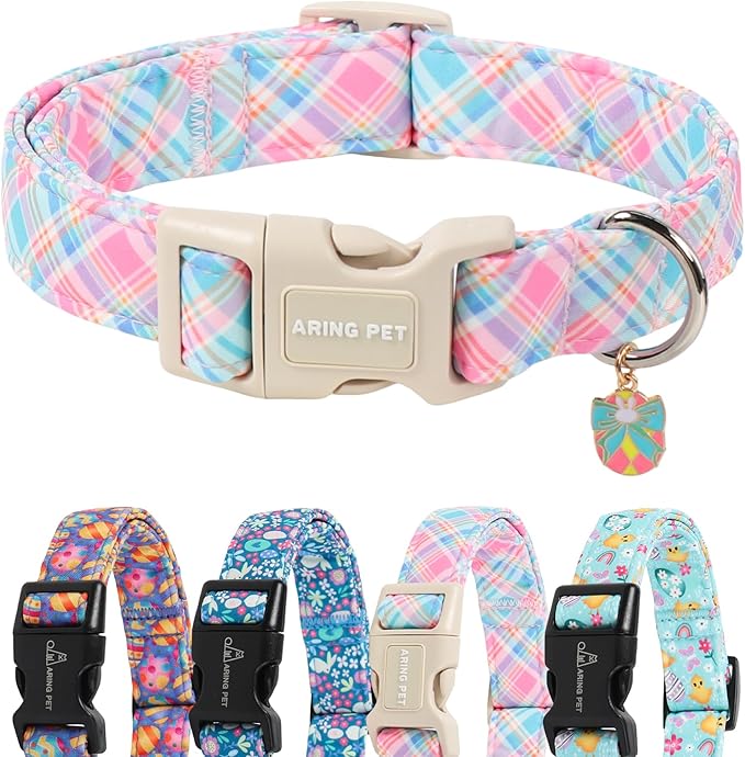 ARING PET Easter Dog Collar, Cute Colorful Plaid Stripe Girl Doggy Collars with Quick Release Buckle for Puppy Small Medium Large Dogs-L