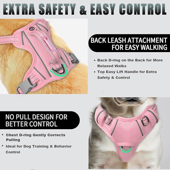 BARKBAY No Pull Dog Harness Large Reflective Dog Harness with Front Clip and Easy Control Handle for Walking Training Running with ID tag Pocket(Baby Pink,S)