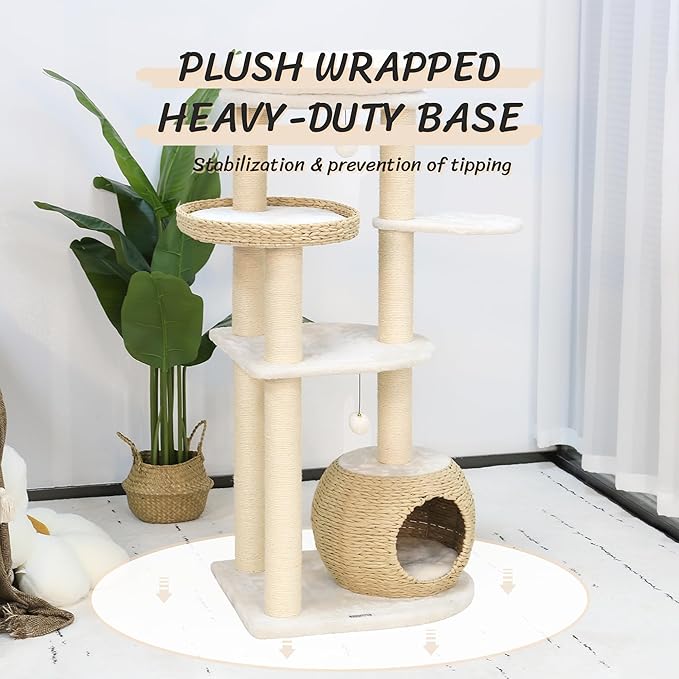 KAMABOKO Modern Cat Tree, 53" Tall Cat Trees for Indoor Cats w/Natural Sisal Scratching Posts, Hand-Woven Condo & Top Perch, Cat Tree for Kittens Climb Play & Rest