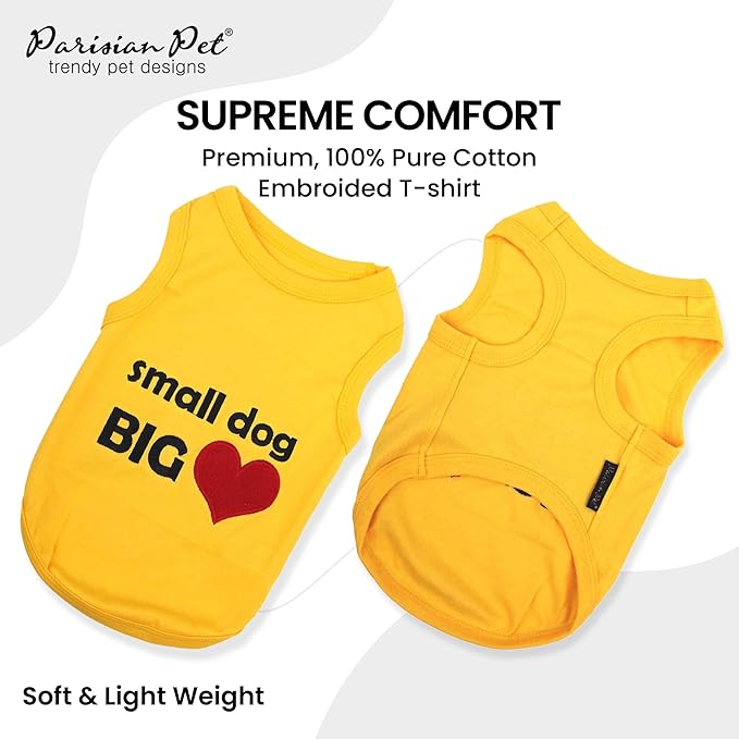 Parisian Pet Dog Shirt – 100% Cotton Small Dog Big Heart Shirts for Small Dogs – Yellow Sleeveless Puppy Clothes – Breathable Dog Clothes – Summer Pet Apparel - Stretchable Tshirts for Dogs