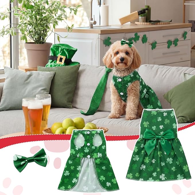 Abbylike 3 Set Easter Dog Dress Small Dog St. Patrick Valentines Day Cute Bunny Shamrock Heart Poodle Skirt with Bow Clip for Pet Holiday Party Outfits(M)