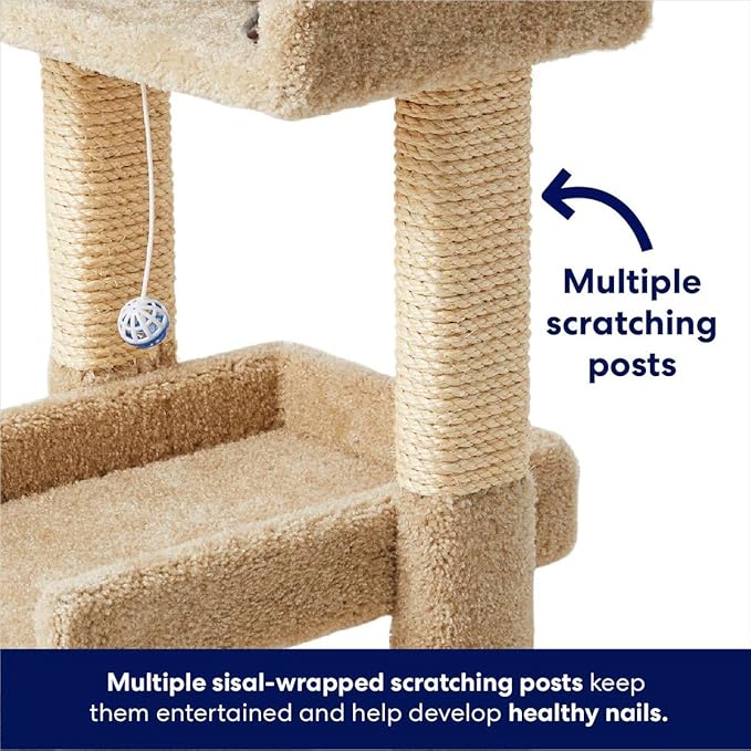 BEXEN 32-in Real Carpet Wooden Cat Tree with Toy: Double-Decker, Sturdy Wood, Plush Carpet, sisal Scratching Posts, Fully Assembled, Engaging Play