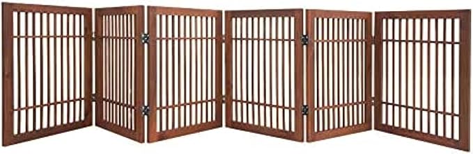 Urnporium Pet Dog Gate Freestanding, Strong Durable Folding Wooden Fence, Portable Acacia Hardwood Safety Barrier for Indoor & Outdoor Use (Brown Pet Gate, 6 Panel 24" Tall)