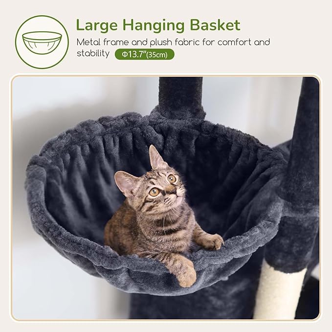 Globlazer Cat Tree for Indoor Cats Large Adult, 74in Tall Cat Tower with Scratching Post, Heavy Duty Cat Tree Tower with 2 Spacious Caves, Oversized Top Perch, Big Hanging Basket, F74B, Dark Grey