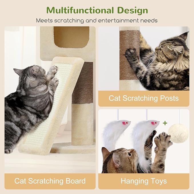 Globlazer Multi-Level Tall Cat Tower 83 inch Sturdy Extra Large Heavy Duty Cat Tree for Indoor Large Adult Cats Kittens with 2 Cat Condo, 8 Scratching Post, 2 Hammock, S83G, Beige