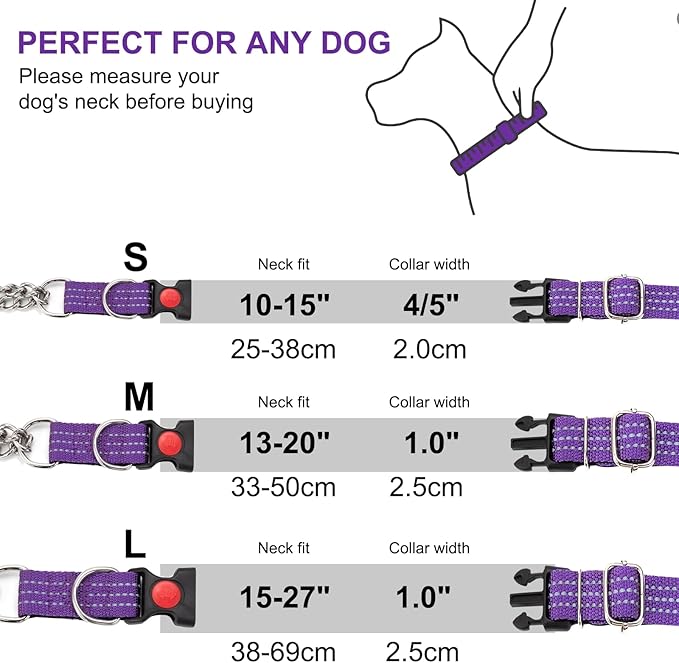 Martingale Collars,Reflective Dog Collar,Side Release Buckle,Adjustable Chain Training Pet Collars (Purple, L,Neck 15"-27")