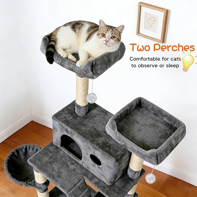 Pawly 70" Extra Tall Cat Tree with Dual Hammocks & Enlarged Condos, Premium CARB P2-Compliant Particle Board, 350G Plush Natural Sisal Cat Tower for Big Cats & Multi-Cat Families, Gray