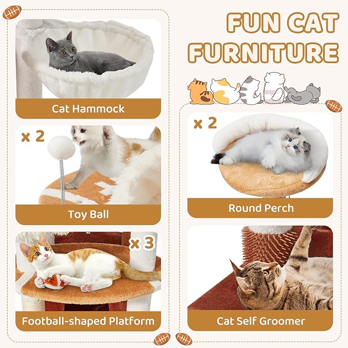 Erinnyees 74" Extra Large Football Cat Tree Tower for Indoor Cats, Multi-Level Sports Themed Cat Condo with Sisal Scratching Posts & Hammocks, Heavy Duty Tall Pet Furniture Gifts for Fans