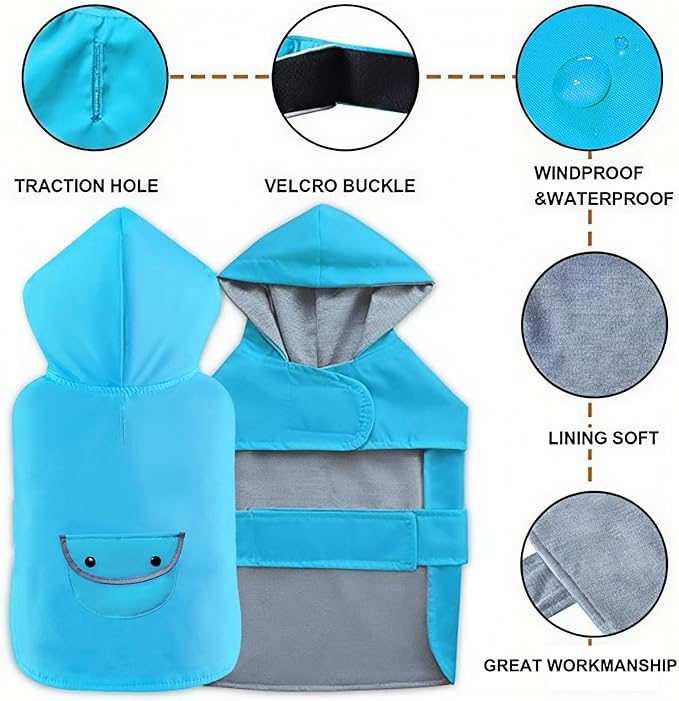 Dog Raincoat Dogs Rain Jacket Reflective Winter Warm Lined Poncho Rainwear Waterproof Pet Clothes Pocket Hooded Leash Hole Adjustable Small Medium Dogs,Blue,XL,Back Length 14.9 Inch