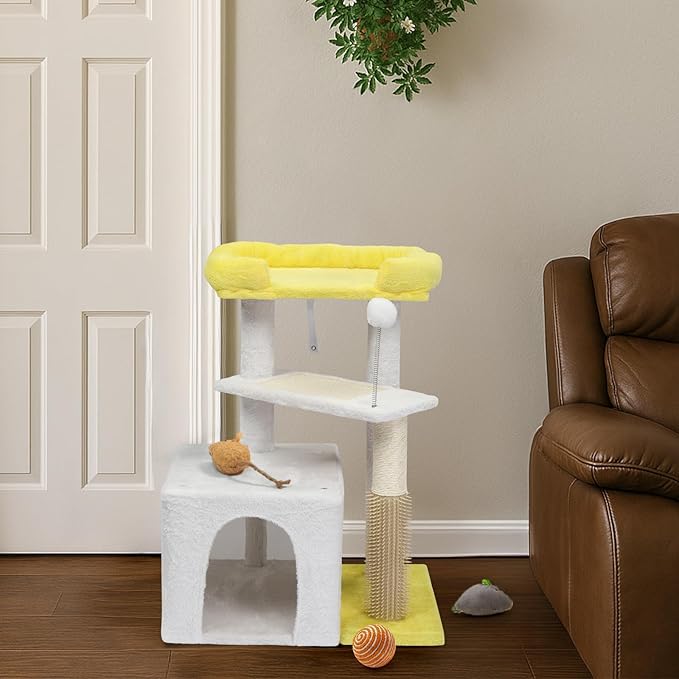 26.7" Cat Tree Tower with Cozy Condo & Top Perch, Cute Cat Tree for Indoor Cats, Multi-Level Cat Tree Tower for Indoor Cats with Scratching Post (Yellow/White)