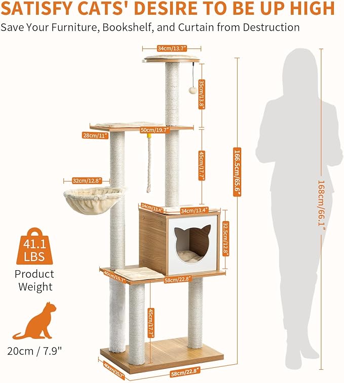 Made4Pets Cat Tree, Modern Cat Tree Tower for Indoor Cats - 65" Tall Wood Condo with Hammock, Scratching Post and Removable Pads for Small Large Cats, Beige