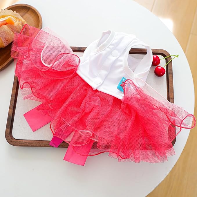 Dog Birthday Dress with Cake Pattern & Bowknot Girl Puppy Clothes for Small Dog Cat Birthday Outfit with Tutu Skirt Party Tulle Pet Apparel (Fuchsia, Large)