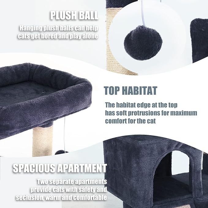 Cat Tree for Indoor Cats, 36in Cat Tower Multi-Level Cat Condo with Sisal Scratching, Scratching Board, Dangling Ball, Extra Large Perch for Cats and Kittens (Dark Grey)
