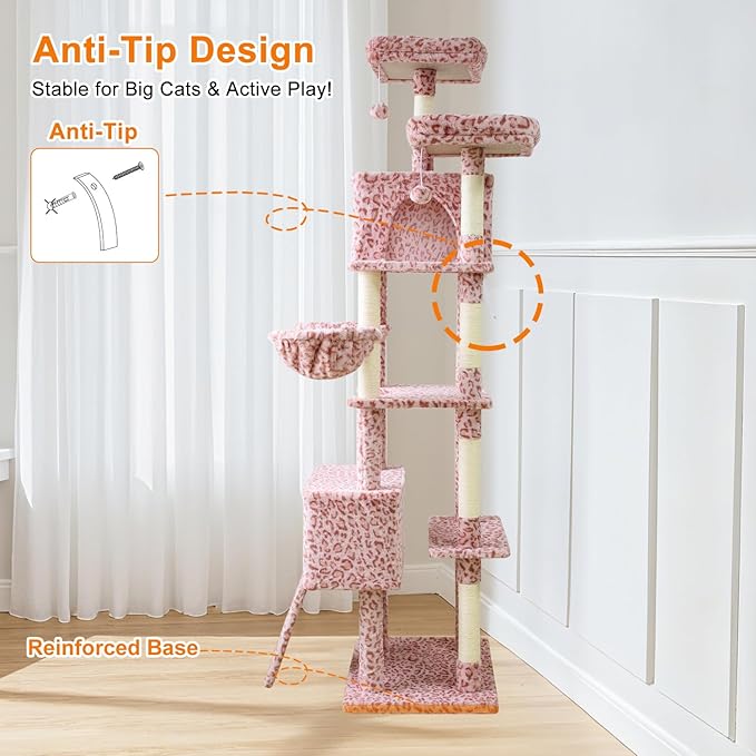 82" Tall Cat Tree,Giant Cat Tree for Indoor Cats Large Adult, Heavy Duty Cat Tree Tower, Extra Large Cat Trees with Scratching Posts, Cat Condos, Hammock,Top Perch,Ramp (Pink)