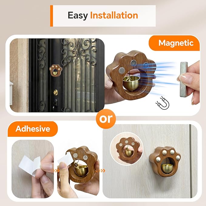 Cat Paw Shopkeepers Bell for Door Opening – Magnetic Wooden Door Chime & Wireless Brass Doorbell for Business Entrance, Home Decor – Cute Kawaii Wind Bell for Fridge, Room, Shop No Battery Entry Alert