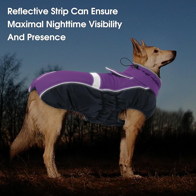 Queenmore Warm Fleece Dog Jacket, Cold Weather Waterproof Snowsuit, Reflective Turtleneck with Leash Hole, Small to Large Dog Coats (Purple, L)