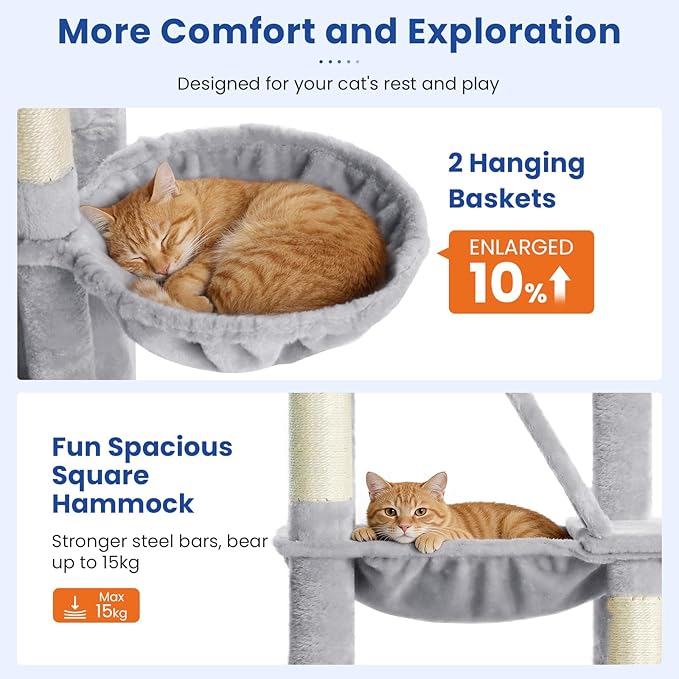 Cat Tree 82 in Multi-Level Cat Tower for Indoor Cats, Heavy Duty Large Cat Tree with Sisal Scratching Posts, Hammock, 2 Perches, 2 Condos, 2 Hanging Baskets, Light Grey