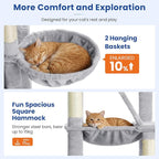 Cat Tree 82 in Multi-Level Cat Tower for Indoor Cats, Heavy Duty Large Cat Tree with Sisal Scratching Posts, Hammock, 2 Perches, 2 Condos, 2 Hanging Baskets, Light Grey