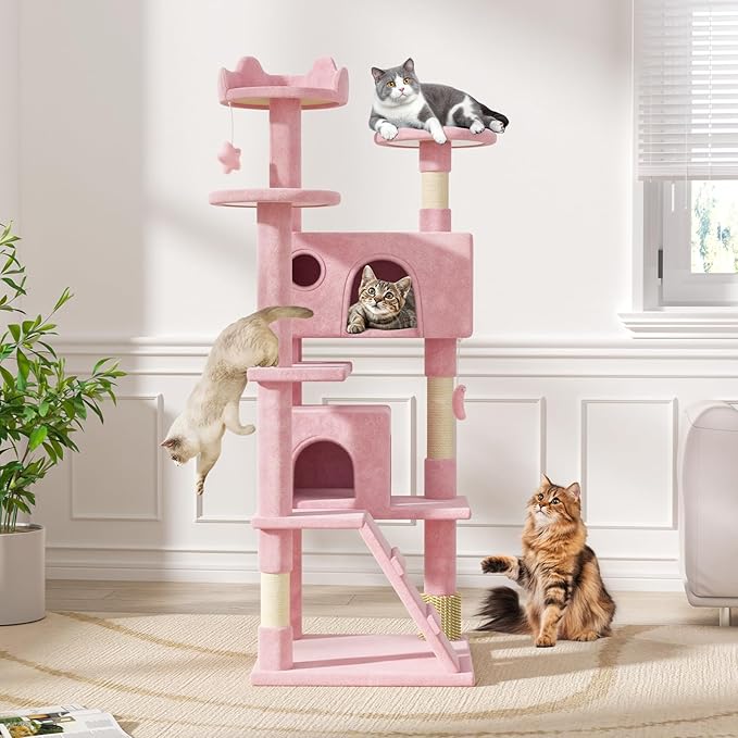 Magshion Cat Tree 60" Cats Tower for Indoor Cats, Multi-Level Cat Condo with Scratching Post, Top Perch, Sisal Board and Dangling Ball, Cat Stand Jumping Platform Kittens Pet Play House (Pink)