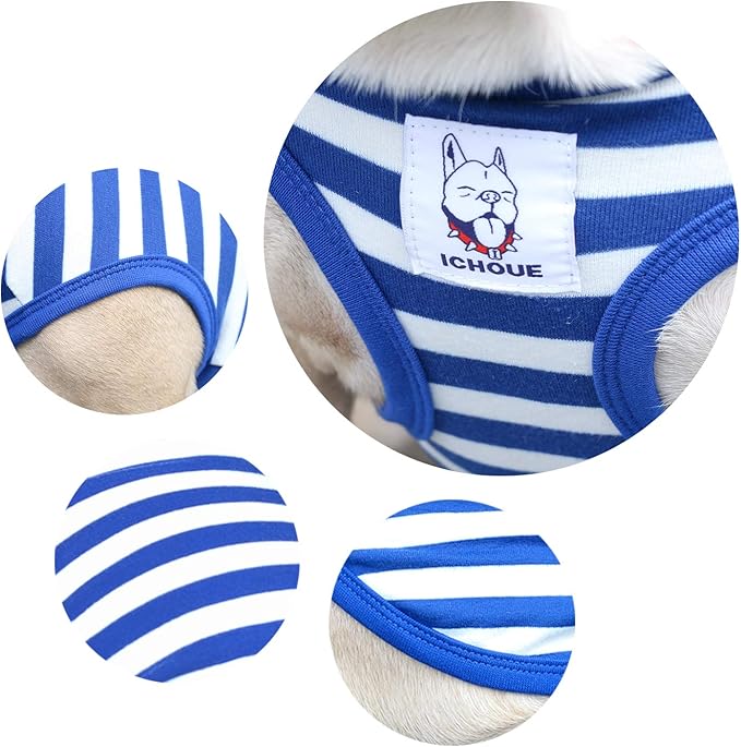 iChoue English Bulldog 100% Breathable Cotton Striped T Shirts Halloween Vest Clothes for Medium Dogs Tank Tops French Frenchie Pug Boston Terrier Pitbull White Blue Stripes - XLarge