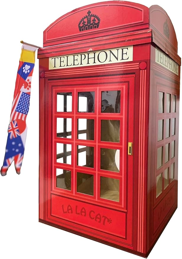 The British Red Telephone Booth Cat House Features a Flag Teaser Wand for Cats