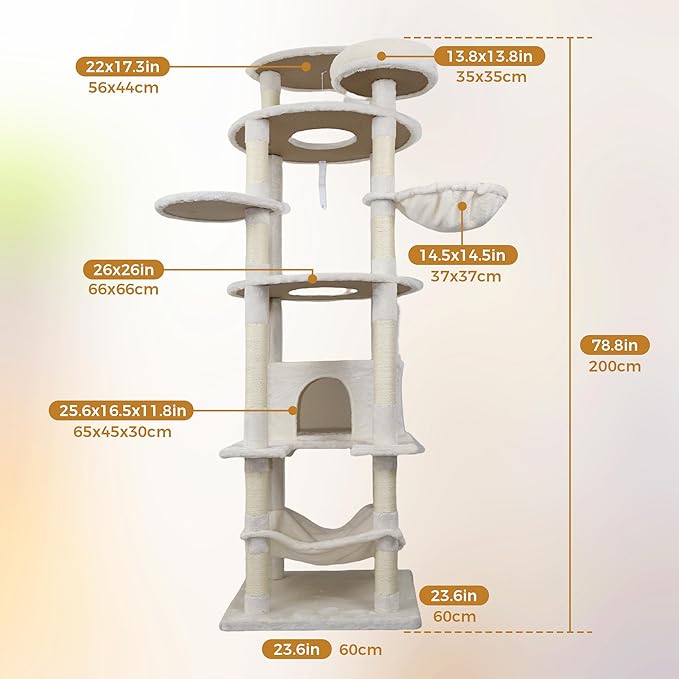 Beige 78in Heavy Duty Cat Tree, Cat Tree Tower for Indoor Cats Large Adult, Extra Cat Tower with 12 Sisal Scratching Post, Large Top Platform, Hammock, Cat Condo for Kittens