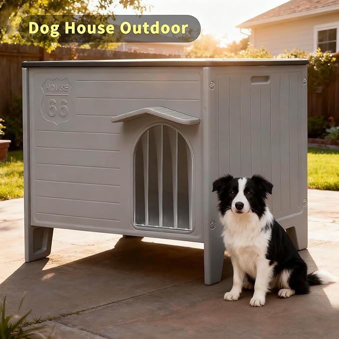 Rockever Large Dog House Outdoor Indoor for Medium Large Dogs, Plastic Elevated Outdoor Dog House Waterproof Dog Kennel with Window, Easy Clean and Assemble(L)