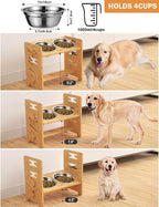 Vantic Elevated Dog Bowls, Adjustable Raised Dog Bowl Stand for Medium Sized Pet, Sturdy Bamboo Food Feeder with 2 Stainless Steel Dishes, Natural