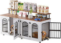 Petrova 63" Dog Crate Furniture for 2 Dogs, Heavy Duty Indoor Dog Kennel for Medium/Large Dogs, Wooden Dog Cage with Removable Divider, 6 Lockable Wheels, Storage Compartment, Beige
