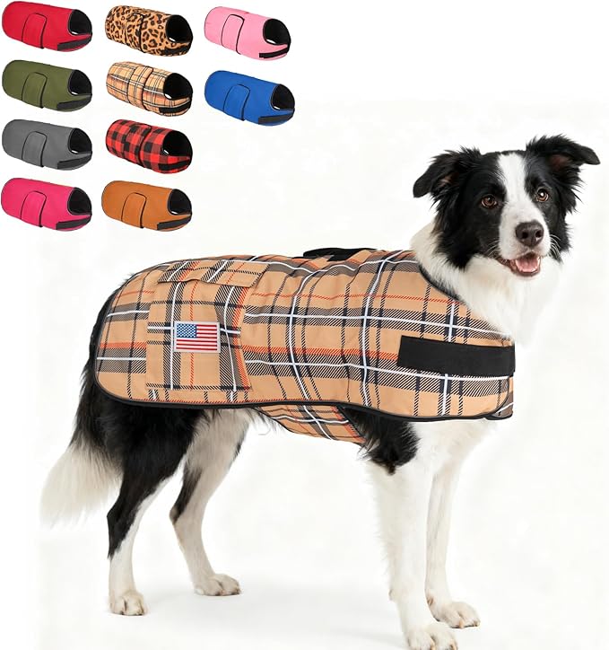 BEAUTYZOO Dog Winter Coat for Large Dogs Waterproof, Warm Reflective Great Dane Oxford Canvas Jacket, Fleece Dog Cold Weather Coats Windproof for Female Male Dogs, Khaki Plaid L