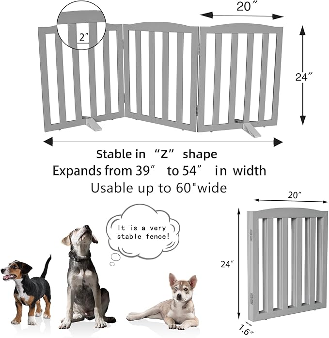 Freestanding Dog Gate Indoor,Doggie Gate Foldable Pet Gates for Doorways,Stairs or Hallways, Wooden Grey Pet Gate for the House, Pet Fence with Support Feet Included,24 "Height-3 Panels