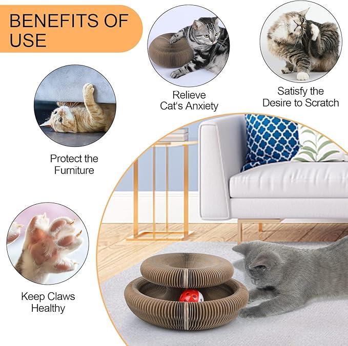 Magic Organ Cat Scratching Board, Interactive Scratch Pad with a Ball, Cat Scratcher for Grinding Claw, Recyclable and Durable, Furniture Protector, Retractable, Brown, Reversible