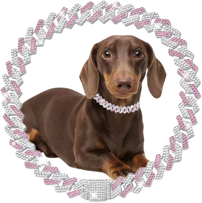 Pink Dog Chain Collar Diamond Cuban Link,Dog Necklaces Collar Rhinestone Bling Glitter Metal, Pet Jewelry for Puppy Small Medium Large Dogs (Pink 20inch)
