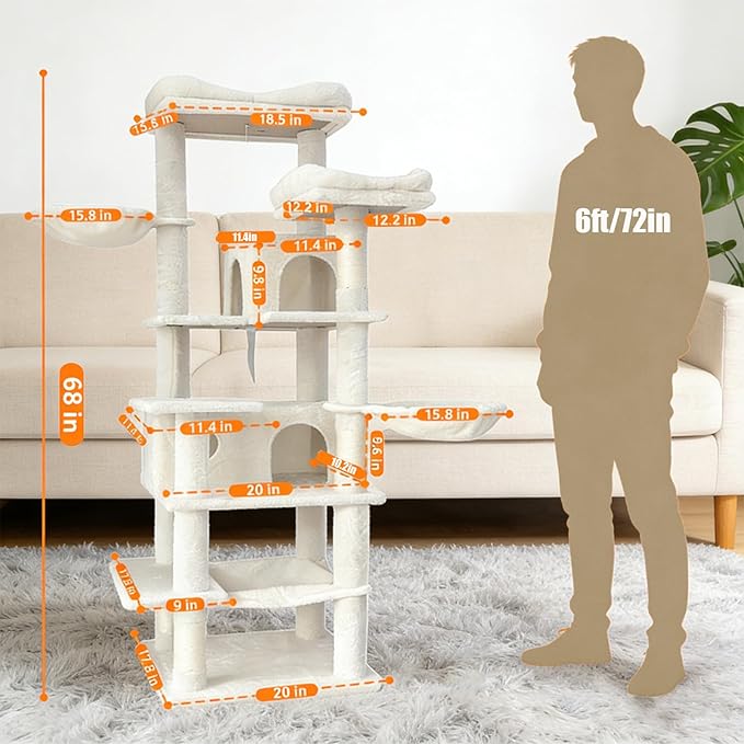KAWHBET 68in Cat Tree,Cute Cat Tower Big Multi-Level Cat Tower for Large Cats with Removeable Cushion,Hammocks Sisal Scratching Posts,Condos,for to Play and Sleep Cat Tree for Indoor Cats (White)