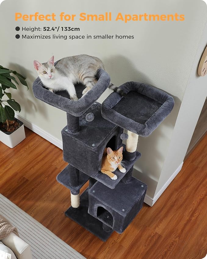 Cat Tree, 52.4" Multilevel Cat Tower for Indoor Cats, Plush Cat Tree House with 2 Padded Perches, 2 Condos & 2 Scratching Posts, Dark Gray