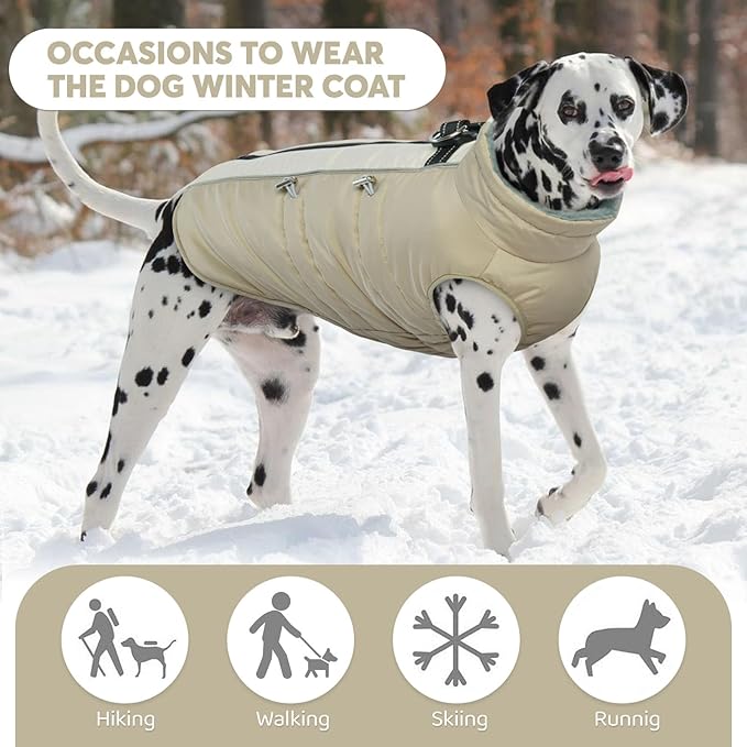 IDOMIK Warm Dog Coat with Harness, Waterproof Reflective Dog Jackets for Small Medium Large Dogs, Fleece High Collar Winter Jacket with Zipper, Pet Winter Snowsuit Clothes for Cold Weather,Khaki S