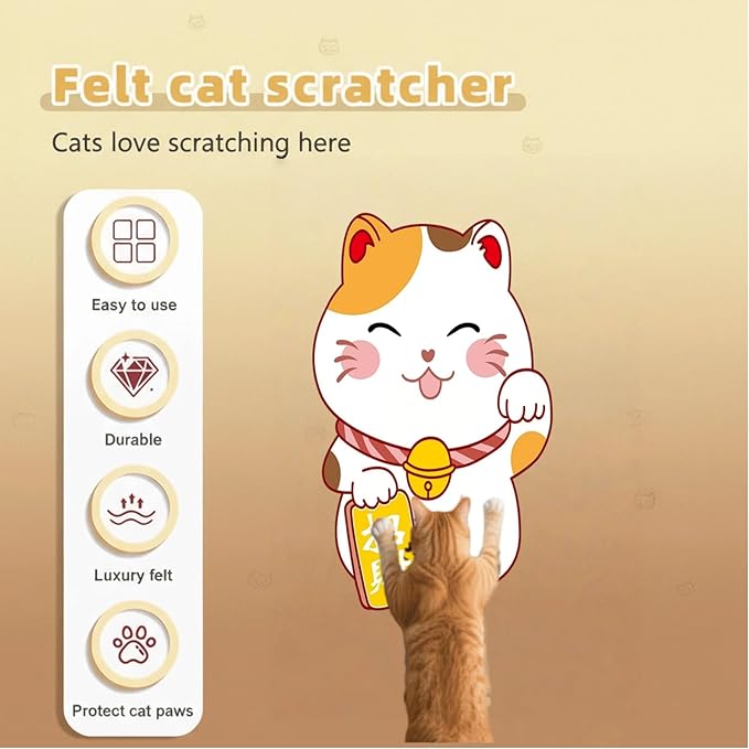Wall-Mounted Cat Scratcher, 2025 Upgraded Indoor Cat Wall Scratcher — Self-Adhesive Double-Sided Tape, Trimable Scratching Surface, Suitable for Walls/Sofas/Floors (IncludesToy) (Lucky Cat)