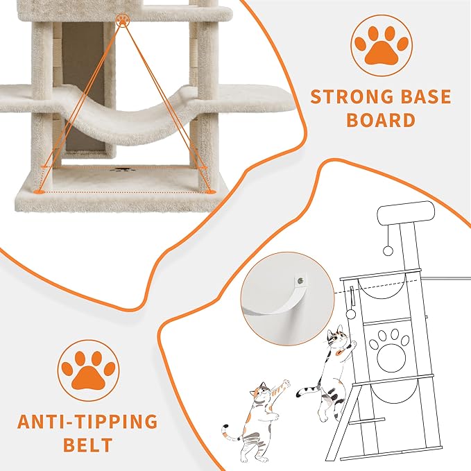 68.5 in Multi-Level Cat Tree for Indoor Cats Large Adult Heavy Duty Cat Tower for Large Cats with 2 Condos/Plush Perches/Sisal Scratching Posts/Hammocks/Basket/Dangling Balls, #2605 Beige