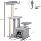 PawHut Cat tree Tower 114cm Climbing Activity Centre Kitten with Sisal Scratching Post Perch Hanging Ball Condo Toy Light Grey