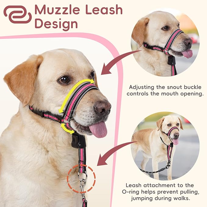BARKLESS Soft Nylon Dog Head Collar for Large Medium Dog, Reflective Padding Head Halter for Training, Adjustable Muzzle Leash No Pulling, Jumping, Nose Leash Ideal for Walking (Pink, M)