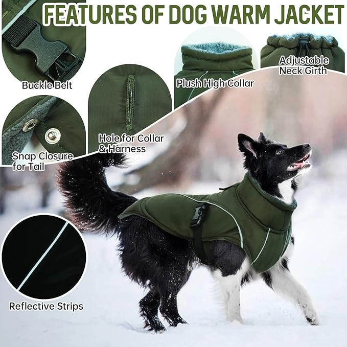 DENTRUN Winter Warm Dog Coat Reflective Jacket with Turtleneck for Cold Weather, Adjustable Buckle Windproof Water Repellent, Thick Snowsuit Fleece Vest for Small, Medium, Large Dogs, Green, L