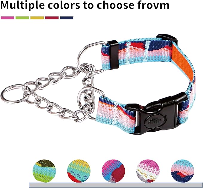 Martingale Dog Collars with Stainless Steel Chain, Reflective No Pull Walking Training Collar with Quick Release Buckle, Adjustable Slip Chain Nylon Dog Collars for Small Medium Large Dogs