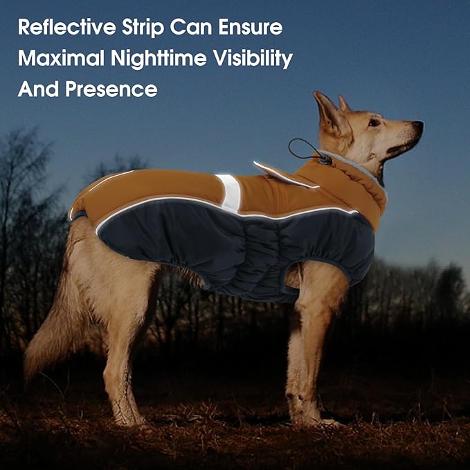 Queenmore Waterproof Dog Coat for Small Dogs,Reflective Windproof Dog Jackets with Leash Hole,Winter Dogs Coat with Zipper On Back,Warm Snowsuit with Fleece Lining（Brown,XS