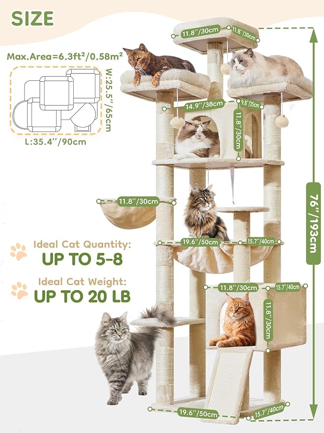 Taoqimiao 76-Inch Cat Tree with Scratching Posts,XXL Cat Tower for Large Cats with Cat Scratching Board,Extra-Large Metal Hammock,3 Perches, 2 Big Condos, Hanging Basket, MS047M, Beige